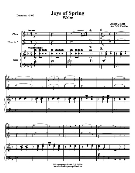 Sheet music for harp, violin and French horn trio