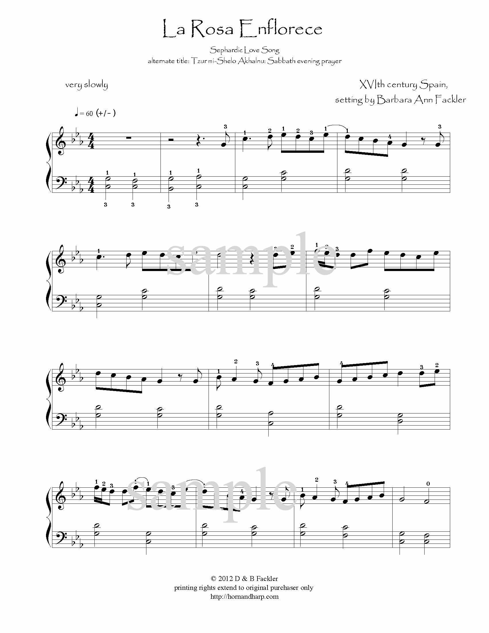 La Rosa Enflorece, for lever harp or pedal harp ~ sheet music sample