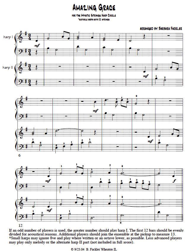 harp ensemble: Amazing Grace multi level arrangement sheet music full score and parts