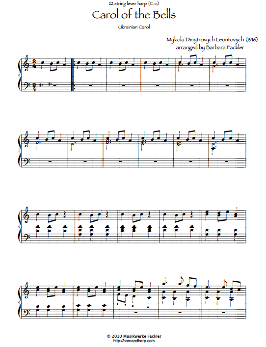 lever harp sheet music ~ pedal harp sheet music ~ violin sheet music ~Carol of the Bells sheet music