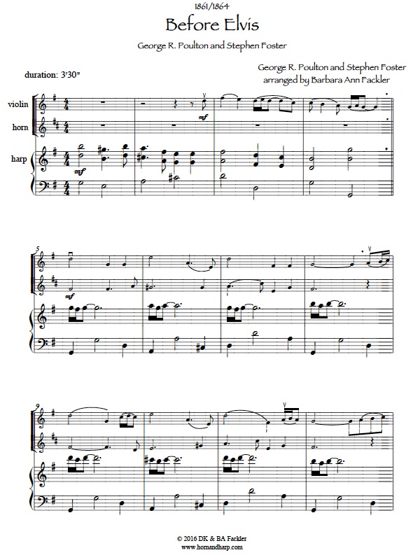 sheet music for French horn and harp and violin: Aura Lee and Beautiful Dreamer Before Elvis