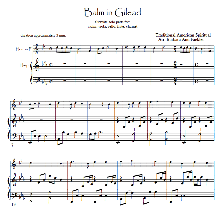 There is a Balm in Gilead, horn and harp solo sheet music