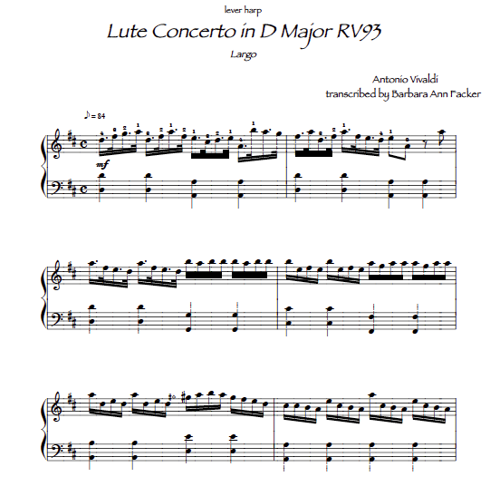 Lute Concerto by Vivaldi for small lever harp sheet music