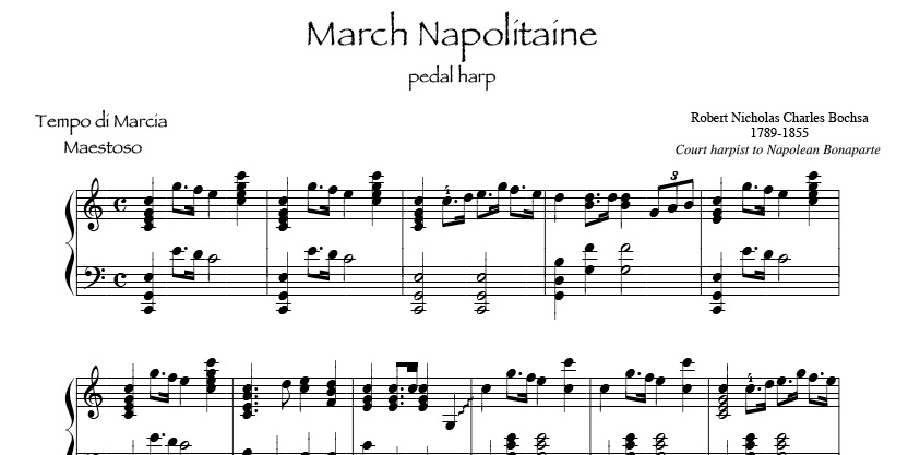 March Napolitaine by Bochsa for intermediate pedal or lever harp Wedding recessional sheet music