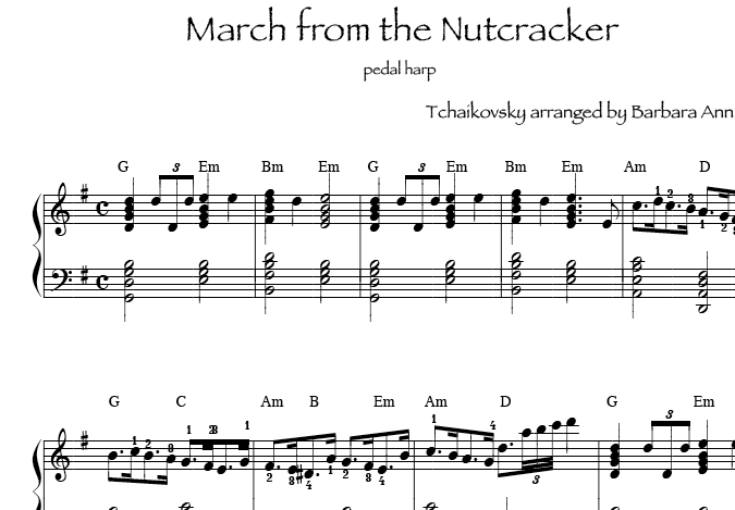 sheet music pedal harp or lever harp: March from the Nutcracker