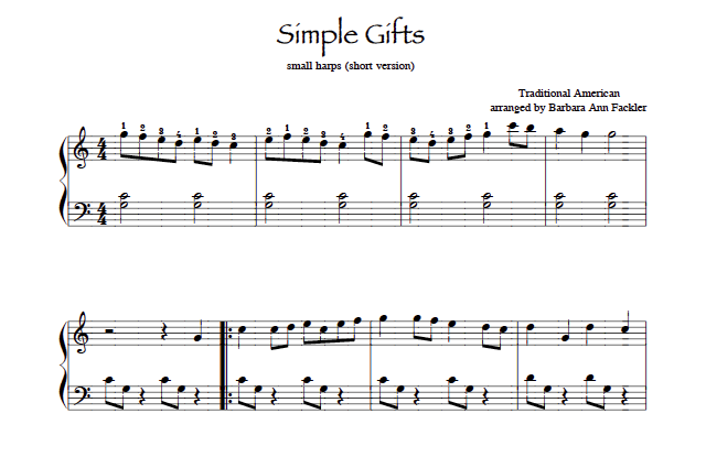  sheet music for small lever harp Simple Gifts 