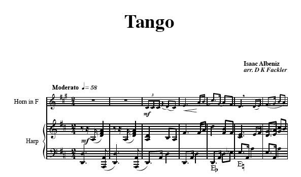 Tango by Isaac Albeniz for horn and harp with optional violin _ trio music for French horn sheet music