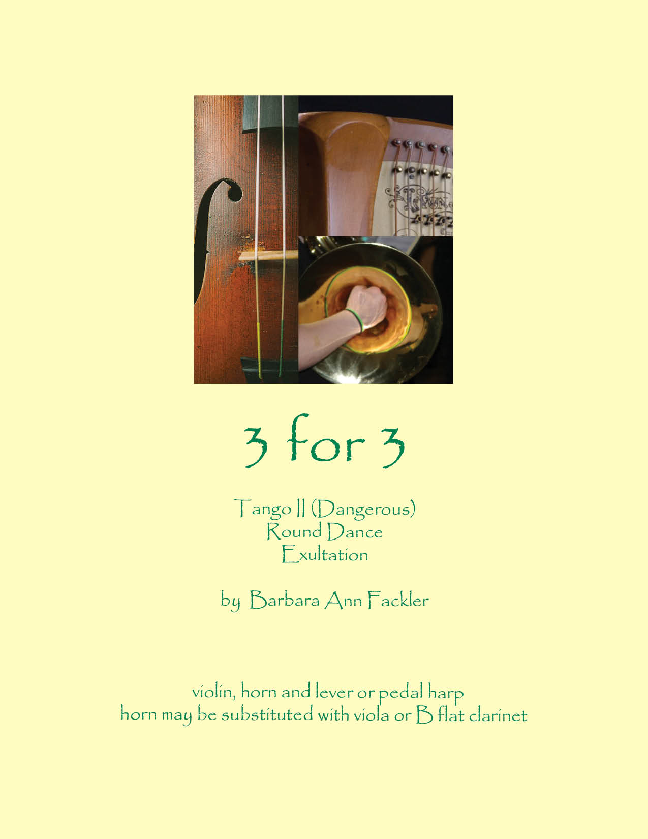 Three for Three -  sheet music ~  horn, harp, violin trio music