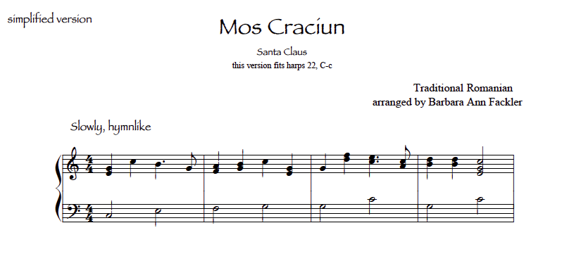 free sheet music download: beginning harp solo: Romanian Santa folk song 