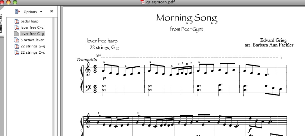 lever harp sheet music ~ pedal harp sheet music ~ Morning Song by Greig for harp solo 
