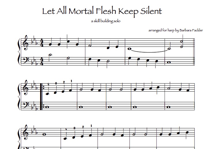 lever harp sheet music ~ pedal harp sheet music ~ Let All Mortal Flesh for harp solo - beginning and intermediate versions 