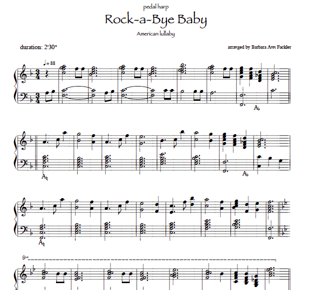 Rock a Bye Baby ~ American lullaby for pedal harp solo
