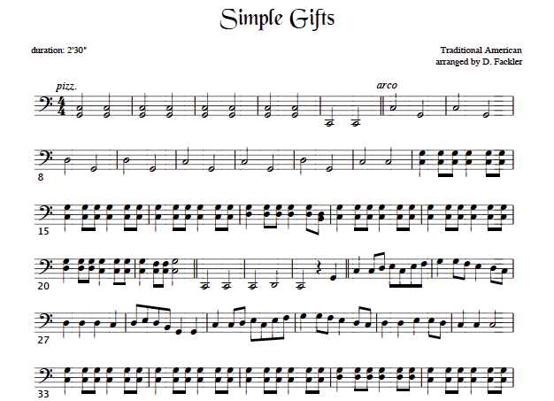 supplemental bass clef part for Simple Gifts, cello